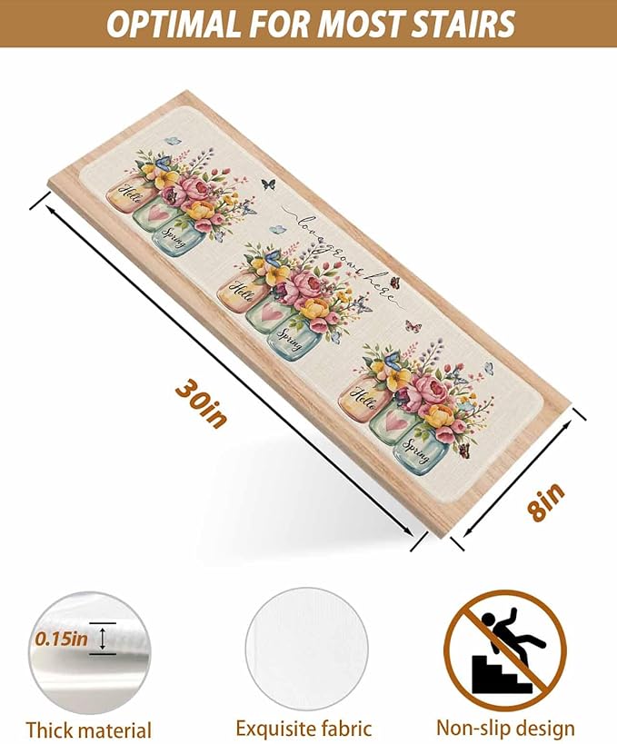 Hello Spring Stair Treads Non Slip for Wooden Steps Love Grows Here Color Flowers Leaf Retro Linen Stair Runner Carpet Reusable Adhesive Staircase Rugs for Dogs, Elders and Pets, 8x30 Inch, 15PCS