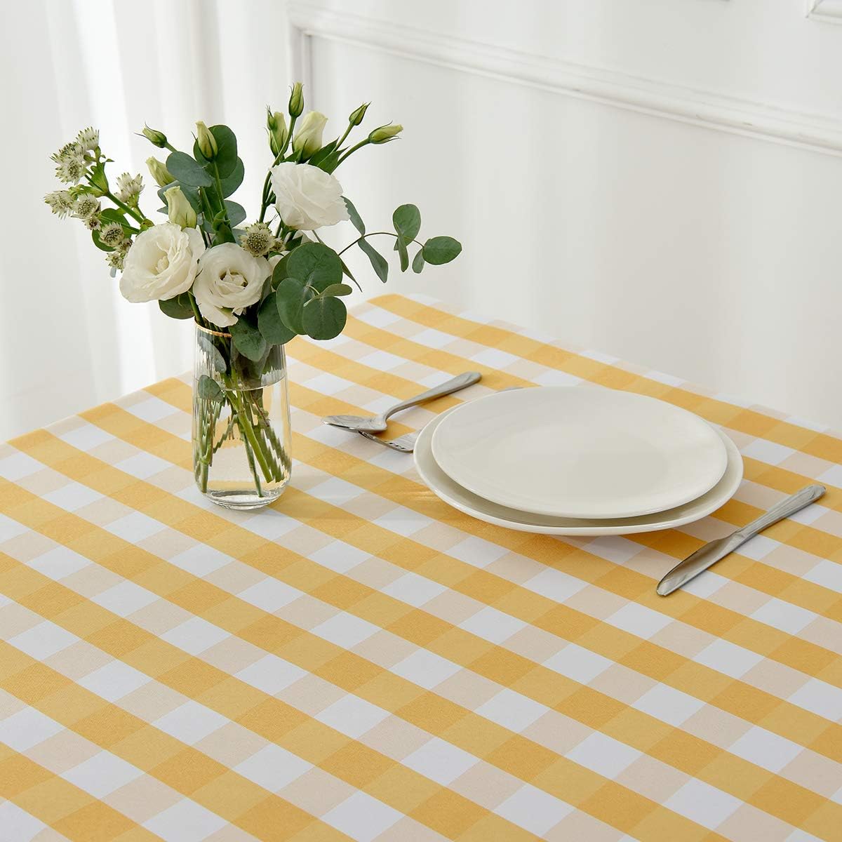 maxmill Square Checkered Tablecloth Water Resistance Antiwrinkle Spillproof Heavy Weight Gingham Table Cloth Buffalo Plaid for Buffet Banquet Parties Holiday Dinner 70 x 70 Inch Yellow and White