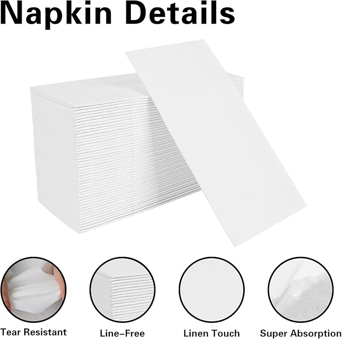 White Napkins Hand Towels Disposable, Linen-Feel Dinner Napkins with Prefolded Built-in Flatware Pocket, Guest Paper Hand Towels For Wedding, Dinner Or Party (16x16in, 50Pack）