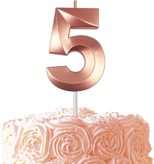 Rose Gold Number 5 Candles, 3D Diamond 2.76 Inch Cake Topper Birthday Candles for Wedding Anniversary Cake Decorations, Happy Birthday Party Decorations