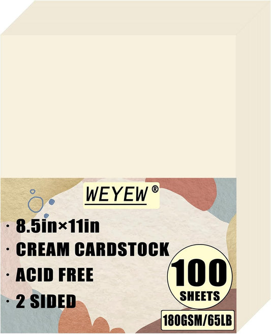 100 Sheets 65lb Cream Cardstock, 8.5" x 11", Premium Card Stock Blank Invitation Paper Greeting Cards Printable DIY Craft Card Making, 65LB Cover 180 GSM