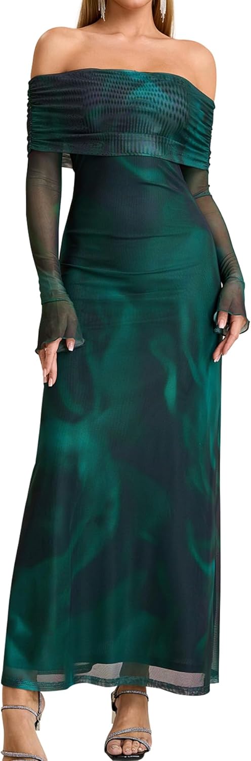KUTUMAI Women Off Shoulder Bodycon Maxi Dress Long Sleeve Mesh Ruched Party Formal Wedding Guest Dresses