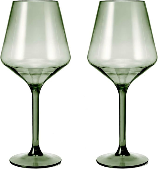 Acrylic Colored Wine Glasses | 2 Set | Shatterproof Tritan Drinkware, Unbreakable - European Design BPA-free plastic, Reusable, All Purpose Glassware, Floats on Water, Hand Wash 15oz (Muted Green)