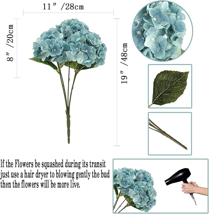 2Bouquets Artificial Fake Flowers Plants Silk Hydrangea Arrangements Wedding Bouquets Decorations Plastic Floral Home Kitchen Garden Party Festival Bar DIY (Gray Blue)