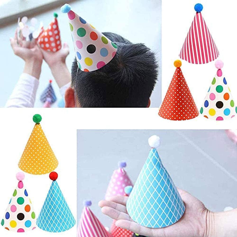 ELakiss 11PCS Birthday Party Cone Hats - Pom Poms,Lovely Cake Cone Birthday Paper Hats,Lovely Crown,For Kids and Adults Decorations (9 hats and 2 crowns)