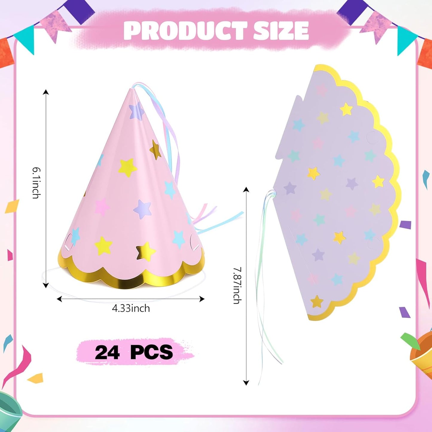 24 Pcs Pastel Party Hats Paper Cone Birthday Hats with Hot Stamping Pentagram and Ribbon Mini Party Headwear for Birthday, Baby Shower, Bridal Shower Decorations