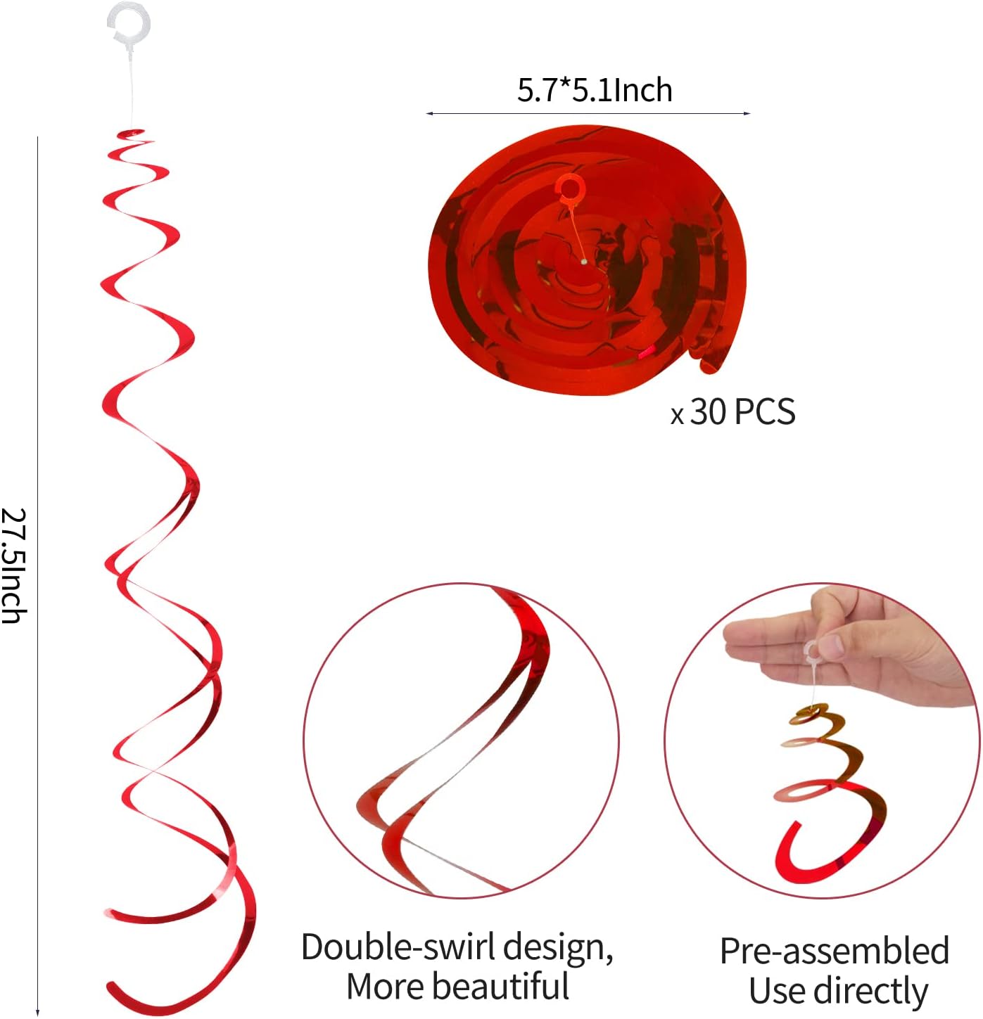 30 Pieces Red Party Swirls Decorations, Foil Ceiling Hanging Swirls Whirls Decoration for Wedding Baby Shower Anniversary Graduation Party Supplies