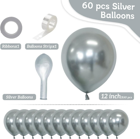 Silver Balloons, 60 PCS Metallic Silver Balloons 12 inch Latex Balloon for Birthday Party Decoration, Wedding, Baby Shower, Anniversary, Graduation, Retirement and Balloon Garland
