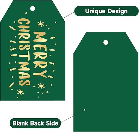 Anwyll Christmas Gift Tags with String - 50Pcs Gold and Green Merry Christmas Tags for Gifts Xmas Gift Tag Happy Holidays Hang Paper Label Tag for Present Wrapping Treat Goodie Bag Holiday Party Favor