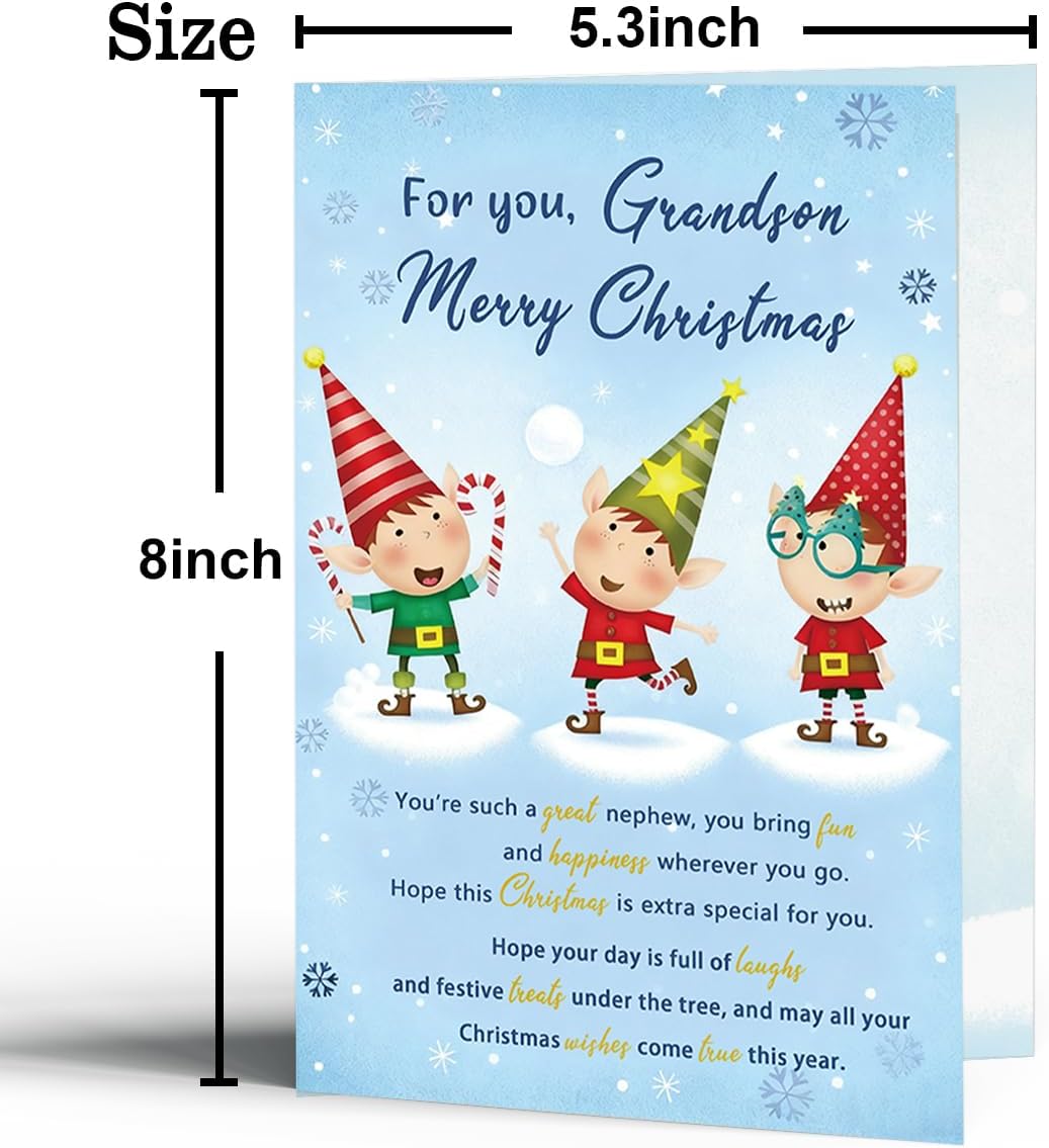Grandson Christmas Card Gift, Christmas Card for Grandson, Cute Festive Elf Design for Boys
