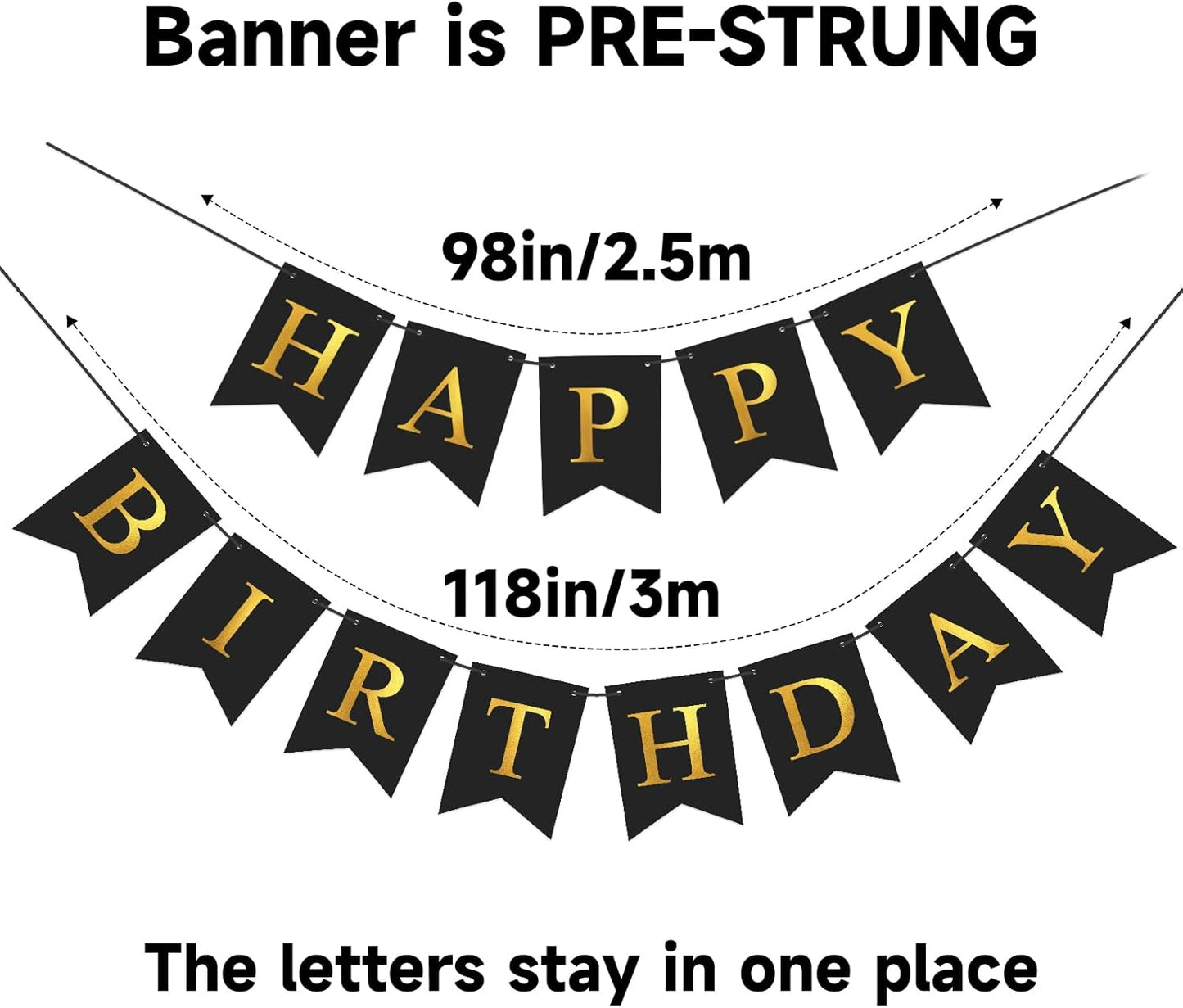 Black Happy Birthday Banner Birthday Party Banner NO DIY Happy Birthday Sign Metallic Gold Pre-Strung Birthday Hanging Decoration for Women Men Girl Boy Party Supplies (Black)