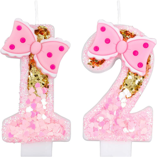 Pink 12 Number Birthday Candles with Gold Glitter and Bow, Ideal for Happy 12th Birthday Parties