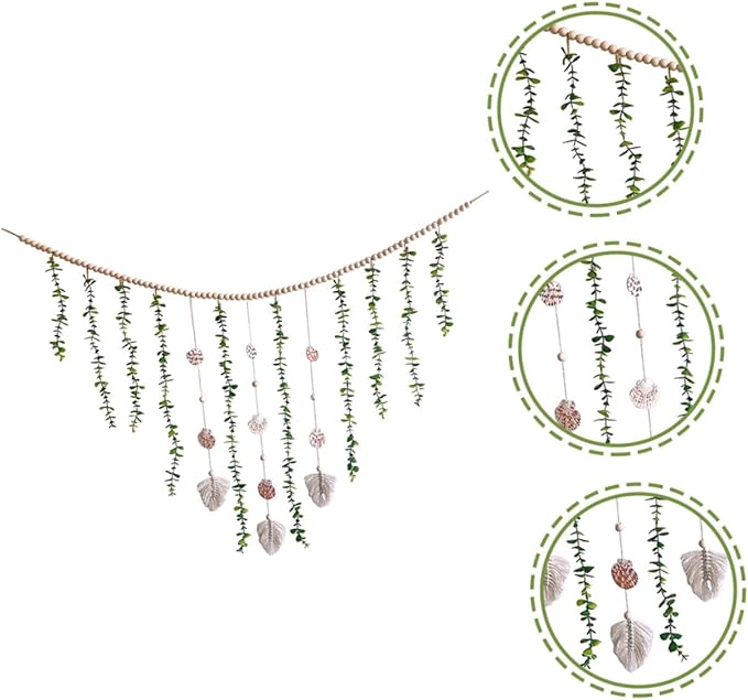 Nordic Style Wooden Bead Garland with Simulated Eucalyptus Leaves and Shells Lightweight Hanging Wall Decor for Bedroom Window Shelf Festive Photo Prop and Home Decoration
