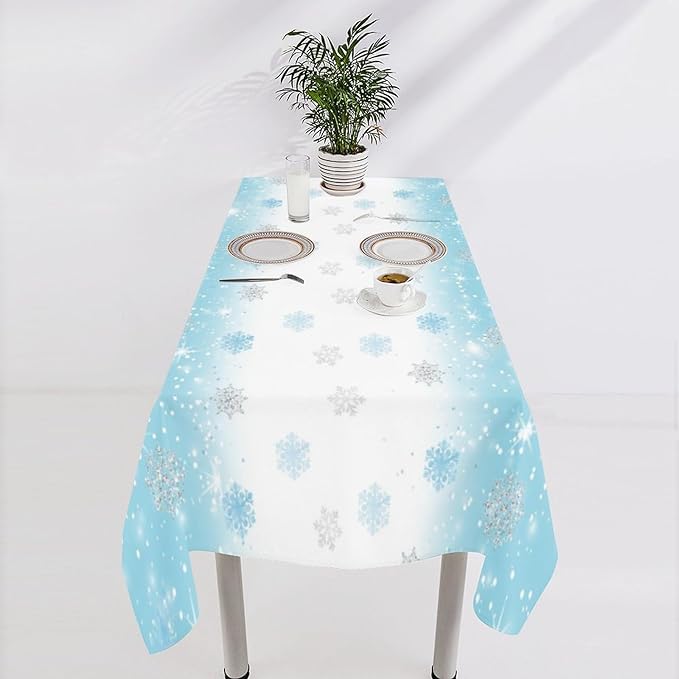 YCness Christmas Snowflakes Tablecloth, Blue Silver Shimmering Snowflake Winter Seasonal Decoration Table Cover for Winter Christmas Birthday Holiday Party Dinner, 60x90 Inch