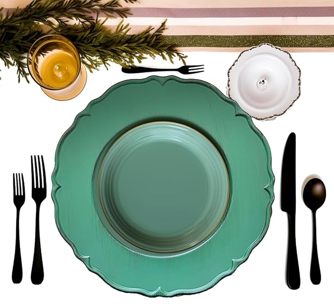 Antique Green Charger Plates, 13" Round Chargers for Dinner Plates, Set of 6 Plastic Plate Chargers for Weddings, Parties, Table Setting.