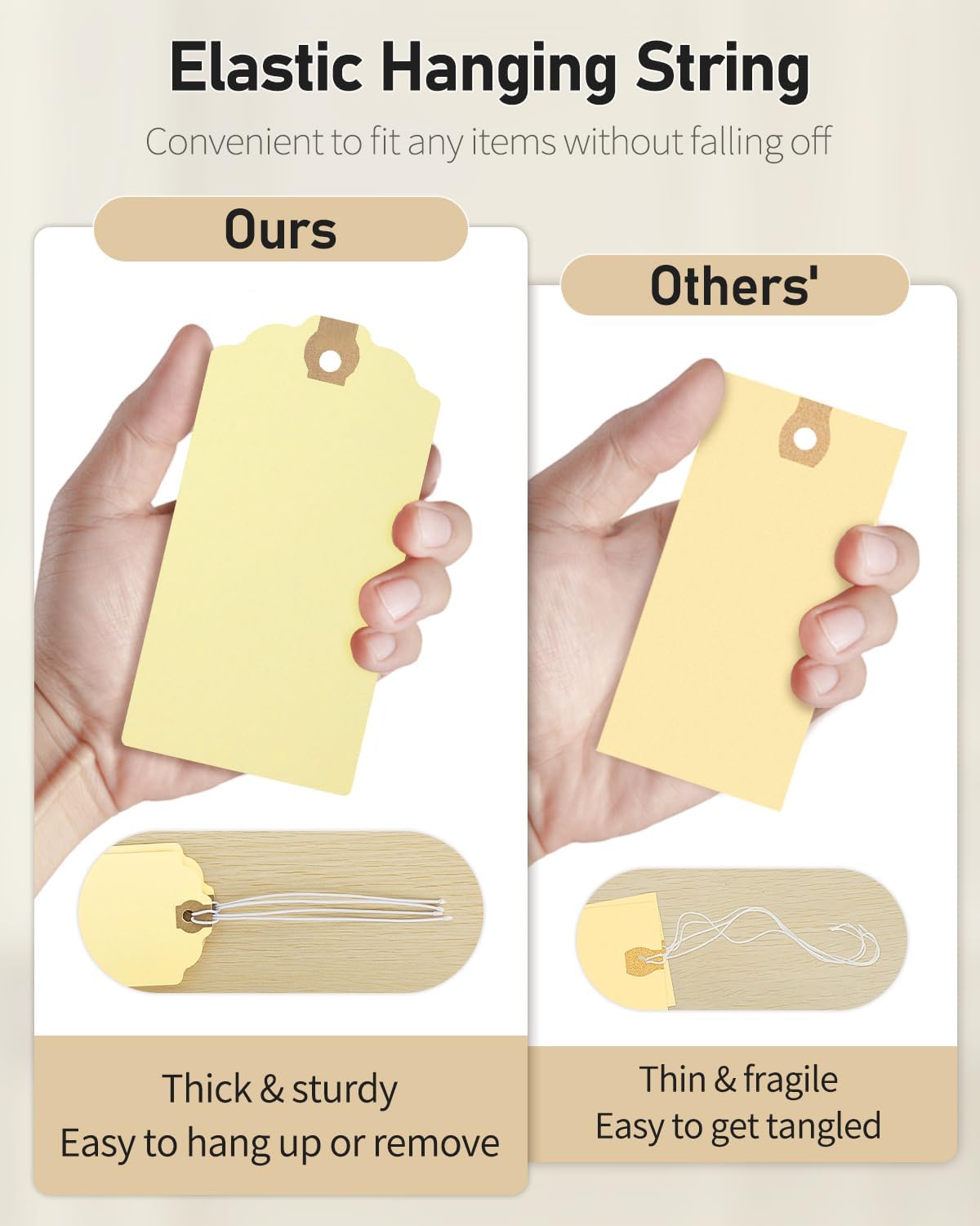Uniclife 72 Pcs Blank Shipping Tags with Elastic String Attached Cardstock Paper Hang Tags with Reinforced Eyelet Large Marking Tags Price Tags Inventory Label Tags, Beige (4.7" x 2.36")