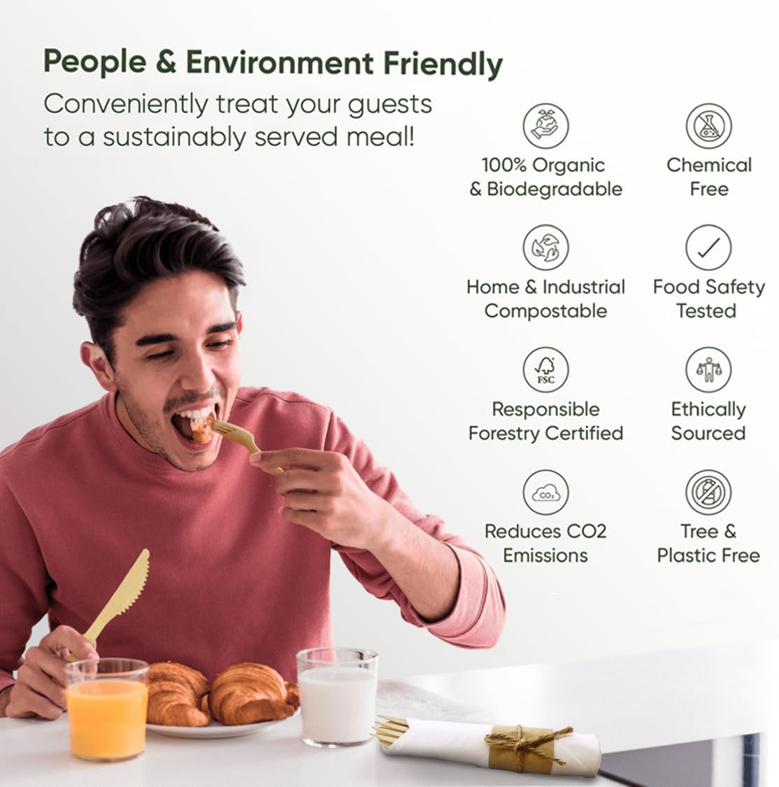 Premium Pre Rolled Napkin and Bamboo Cutlery Set (10 Pack, 40 PCS) 100% Biodegradable, Eco-Friendly, Disposable Wrapped Cutlery - Pre-Wrapped Bamboo Forks, Knives, Spoons, Napkins, Brown Roll