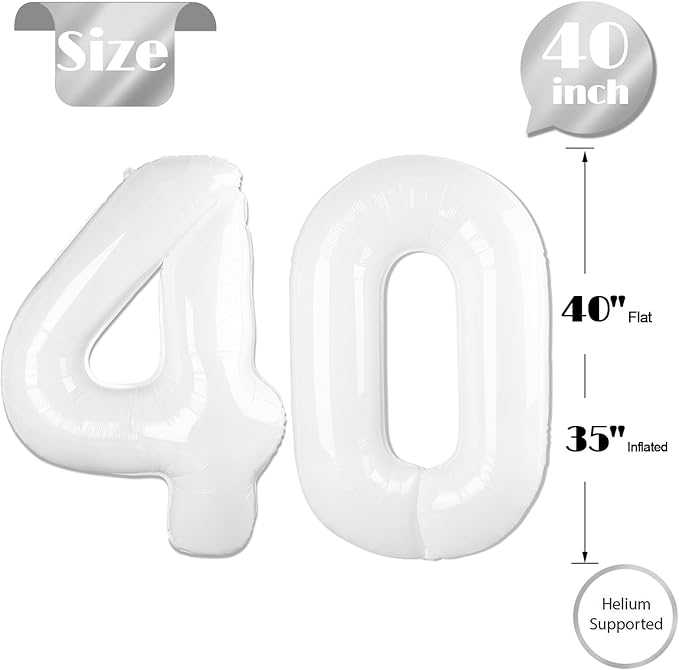 White Number 40 Balloon 40 inch, Translucent 40 Number Balloons, 40th White Birthday Decorations for Women Men, 40 Year Old Party Supplies