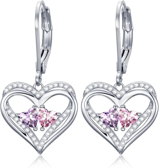 Valentines Day Gifts for Women, Heart Leverback Earrings Double Birthstone Dangle Earrings for Women, Love Jewelry for Her, Anniversary Birthday Gift for Mom Wife Girlfriend