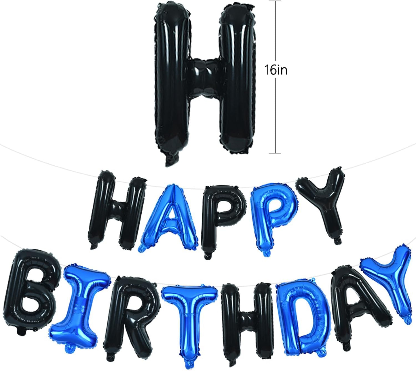 TONIFUL Happy Birthday Balloons Banner with Ribbon Straw, 16 Inch Mylar Letters Birthday Sign Banner Balloon Bunting Reusable for Girls Boys Kids & Adults Birthday Halloween Supplies（Black Blue）
