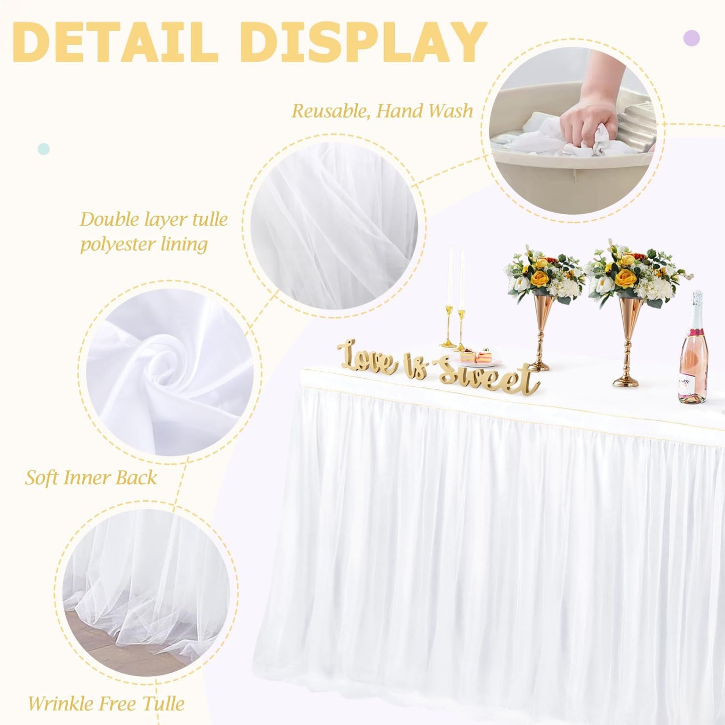 6Ft White Tulle Table Skirts for Rectangle Tables Covers Ruffle Tutu Cloth Tableskirt, 72X30.3'' Tulle Tablecloth For Wedding Round Table Bridal Baby Shower Birthday Banquet Party Decorations
