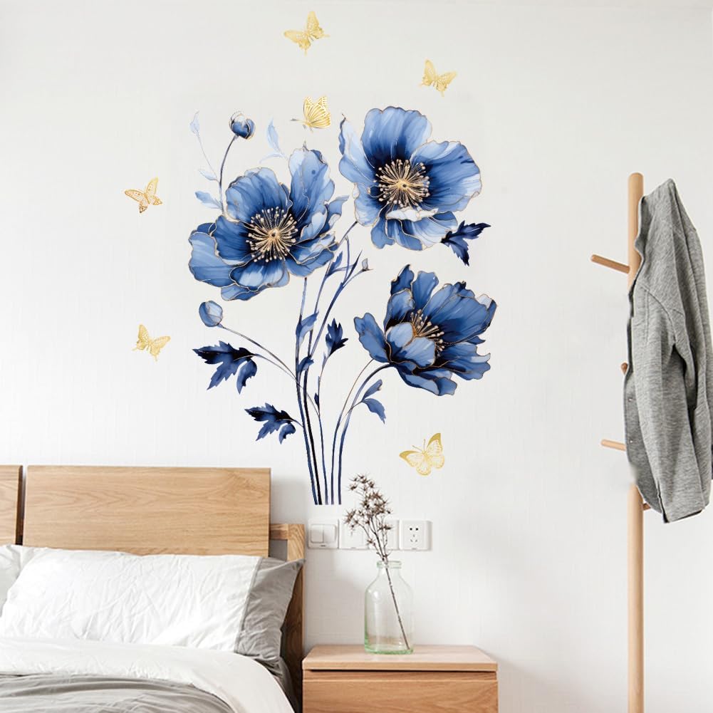 Wall Stickers Lotus Butterfly Wall Decals Watercolor Lotus Flowers Window Stickers Flowers & Gold Shining Butterfly Wall Posters Vinyl Blossom Art Wall Decal for Living Room Bedroom Home Decor