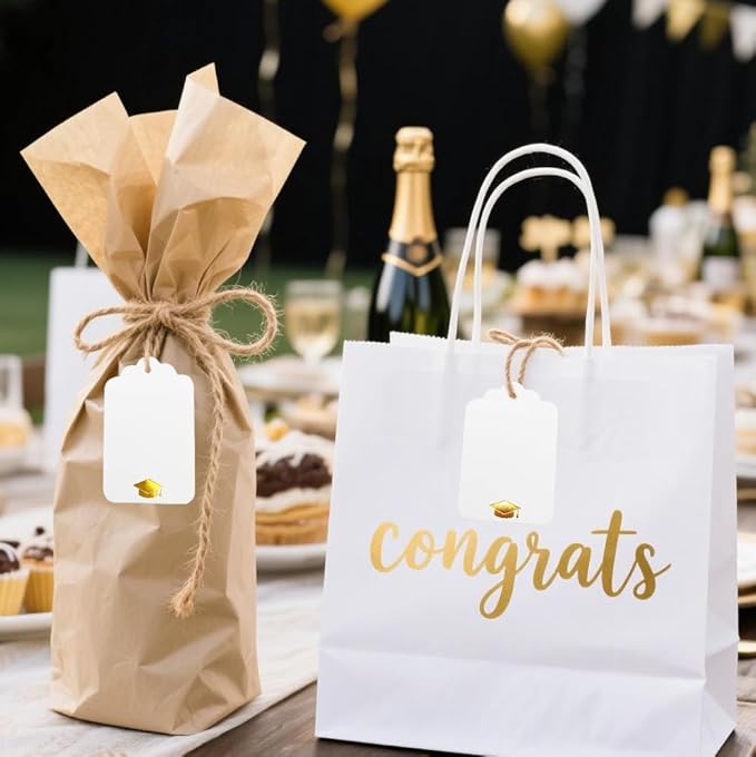 ASYEHJNR 100Pcs Blank Gift Tags with String Foil Gold Grad Cap Large White Paper Gift Tags with 65 Ft Jute Twine for Congrats Grad Congratulations Graduation Party