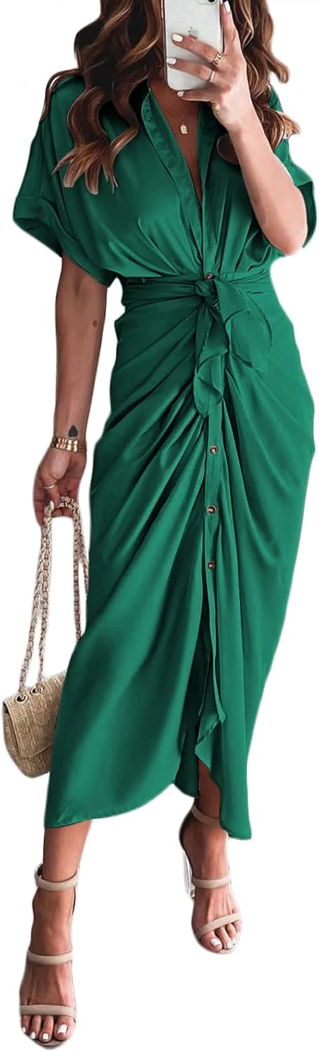 Women Elegant Satin Button Down Short Sleeve Maxi Shirt Dress with Belt