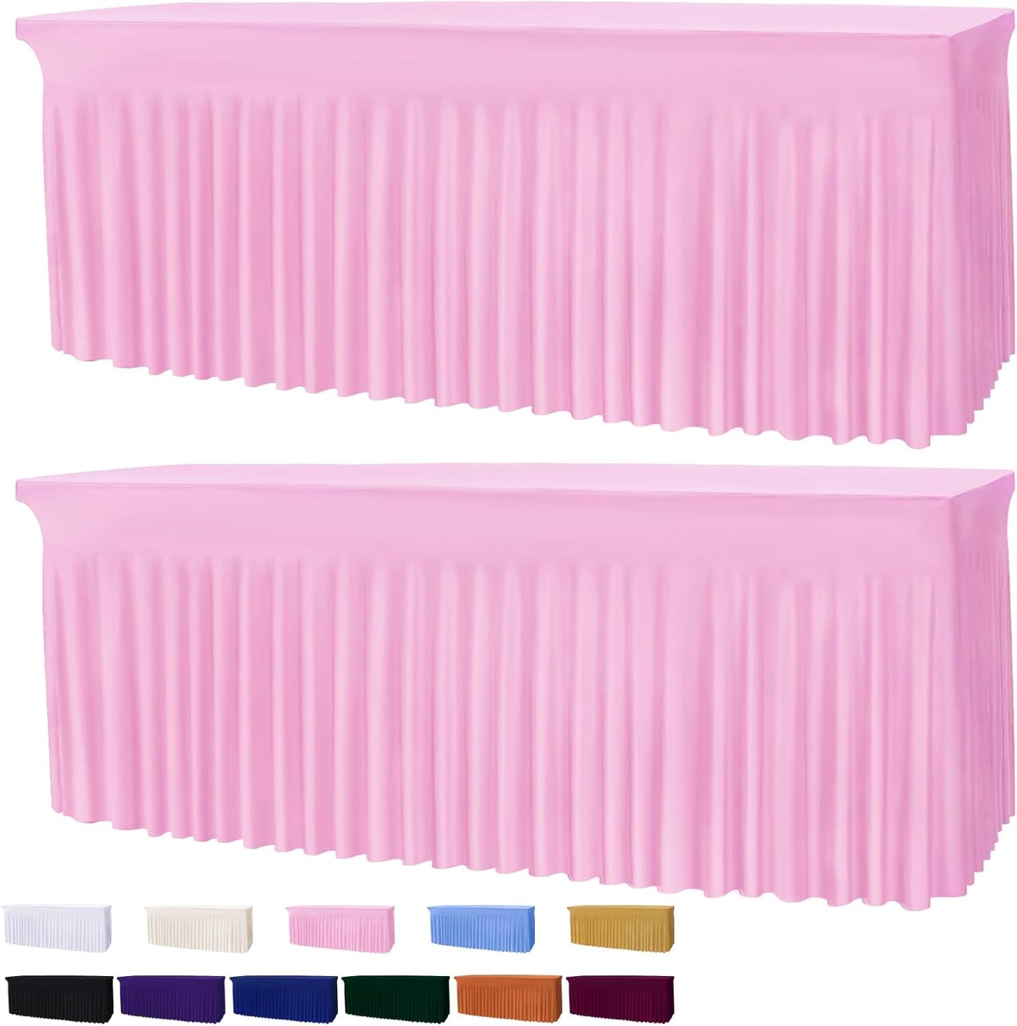 Table Skirts for 8ft Rectangle Tables - 2PCS Pink Table Covers for 8 Foot Tables, Wrinkle Resistant Ruffles Elastic Table Cloths and Table Skirt for Banquets/Weddings/Parties/Birthday