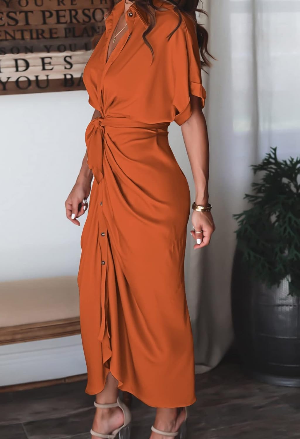 Women Elegant Satin Button Down Short Sleeve Maxi Shirt Dress with Belt