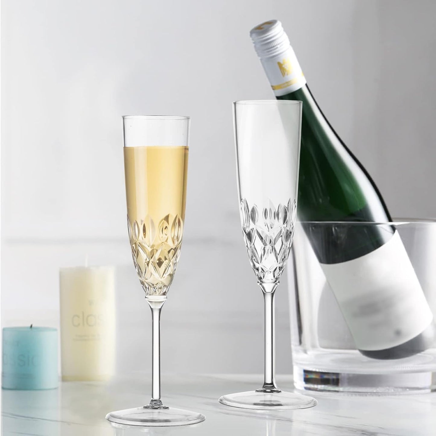 XKXKKE Plastic Champagne Flutes, 8 Pcs Shatterproof Reusable Fancy Crystal Clear Champagne Glasses, 5 oz Acrylic Unbreakable Elegant Party Drinking Cocktail Wine Glasses Wedding Birthday Bar Goblets