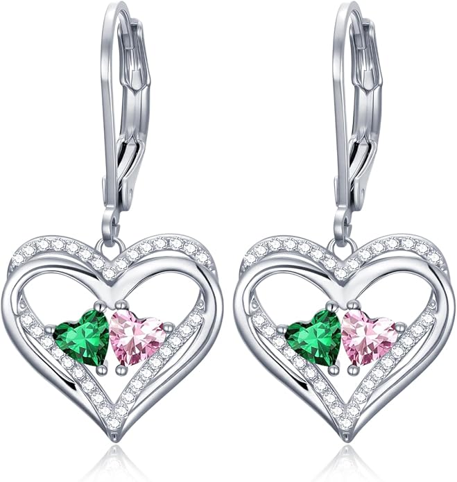 Valentines Day Gifts for Women, Heart Leverback Earrings Double Birthstone Dangle Earrings for Women, Love Jewelry for Her, Anniversary Birthday Gift for Mom Wife Girlfriend