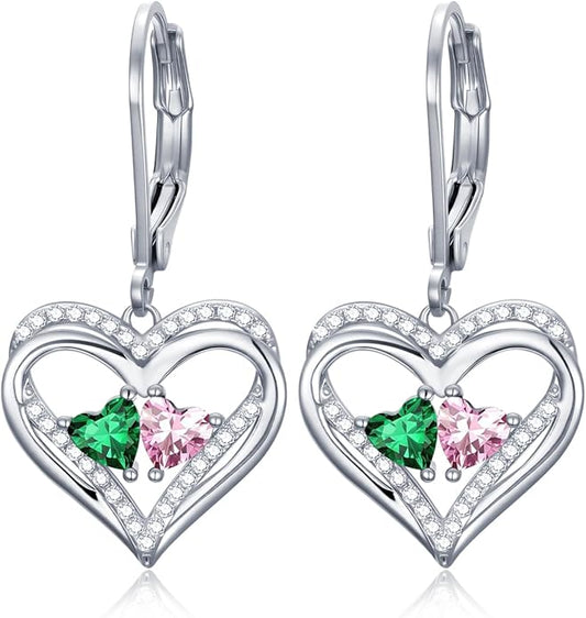 Valentines Day Gifts for Women, Heart Leverback Earrings Double Birthstone Dangle Earrings for Women, Love Jewelry for Her, Anniversary Birthday Gift for Mom Wife Girlfriend