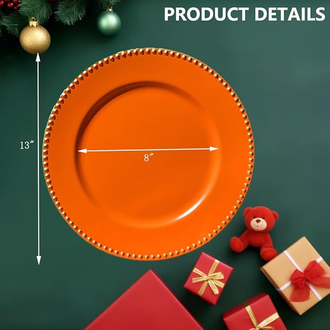 Orange Charger Plates with Beaded Rim, 13" Round Charger for Dinner Plates, Set of 6, Plastic Plate Chargers for Halloween, Table Setting, Party Decoration.