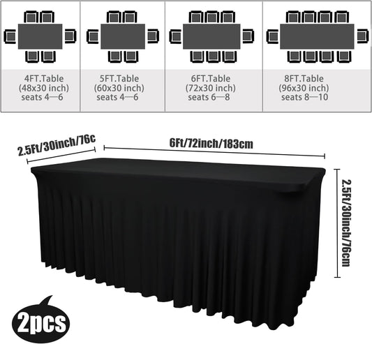 2 Pack - Black Spandex Table Skirt for 6ft Tables (72" L x 30" W x 30" H) | Stretch, Washable & Wrinkle-Resistant Fitted Cover | Banquet, Birthday Party Decor