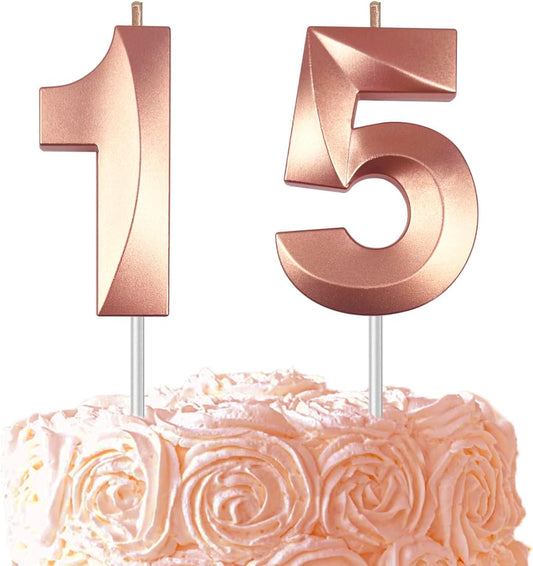 Rose Gold Number 15 Candles, 3D Diamond 2.76 Inch Cake Topper Birthday Candles for Wedding Anniversary Cake Decorations, Happy Birthday Party Decorations