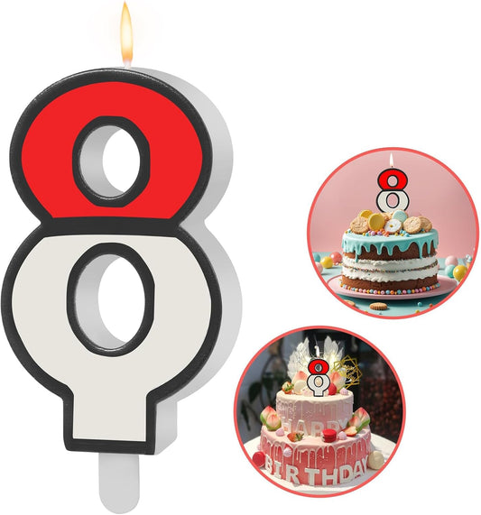 Number 8 Candle Cartoon Red and White Birthday Cake Candle Numeral Birthday Cake Topper for Cartoon Animated Birthday Decoration Party Supplies (Number 8)