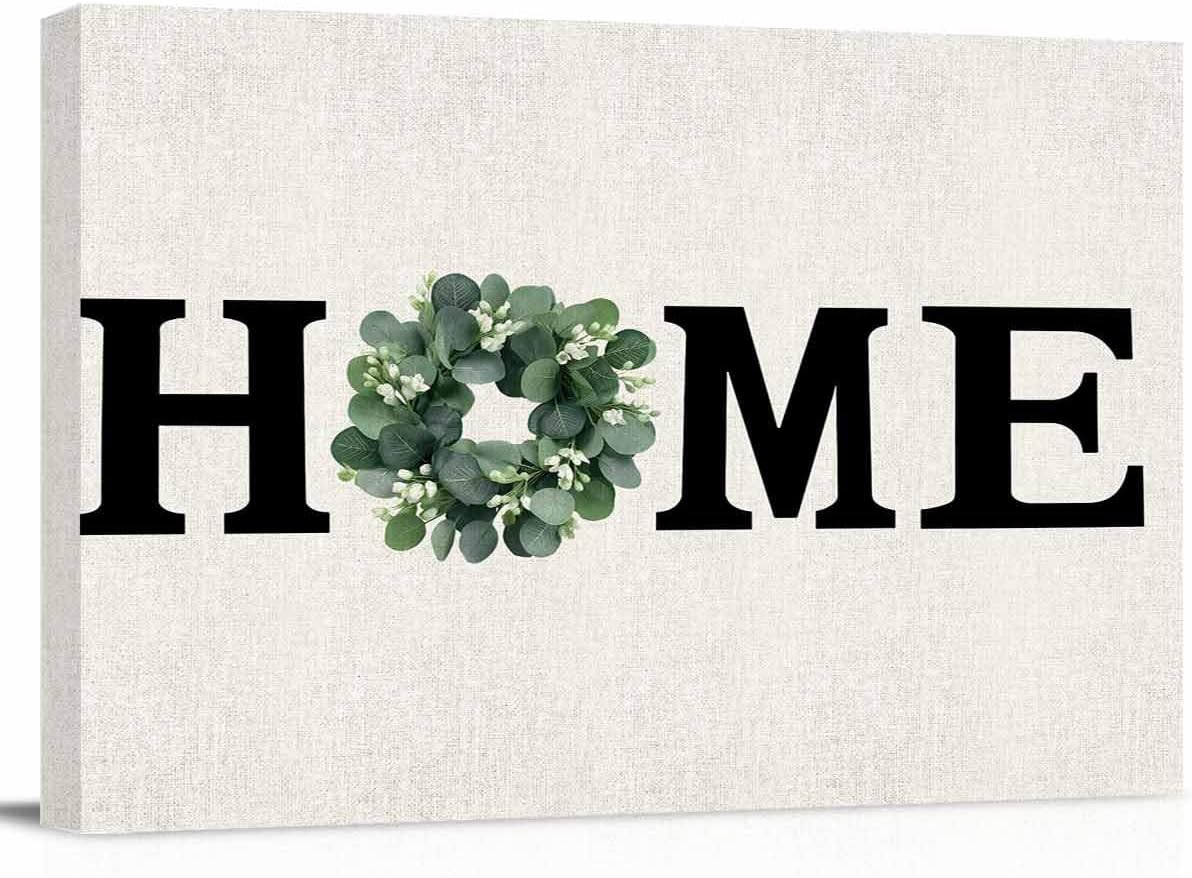 Home Green Eucalyptus Leaves Garland Canvas Wall Art Retro Linen Wall Painting Canvas Picture Prints Framed Artwork for Office Bedroom Bathroom Kitchen Home Decorations,20x16In