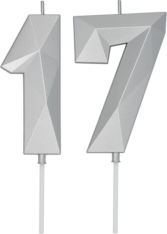 DERVENTA Birthday Candle Big Number 3D Silver 3.7 inch Party Celebration Anniversary Decoration Cake Topper 1 Piece (Number 17 Silver)