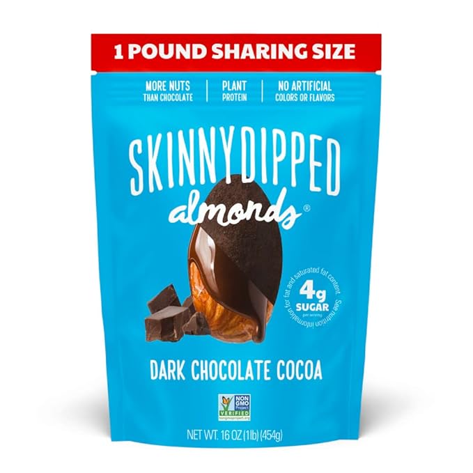 SkinnyDipped Dark Chocolate Cocoa Almonds, 1lb Bag, Healthy Snack, Plant Protein, Gluten Free, Pack of 1