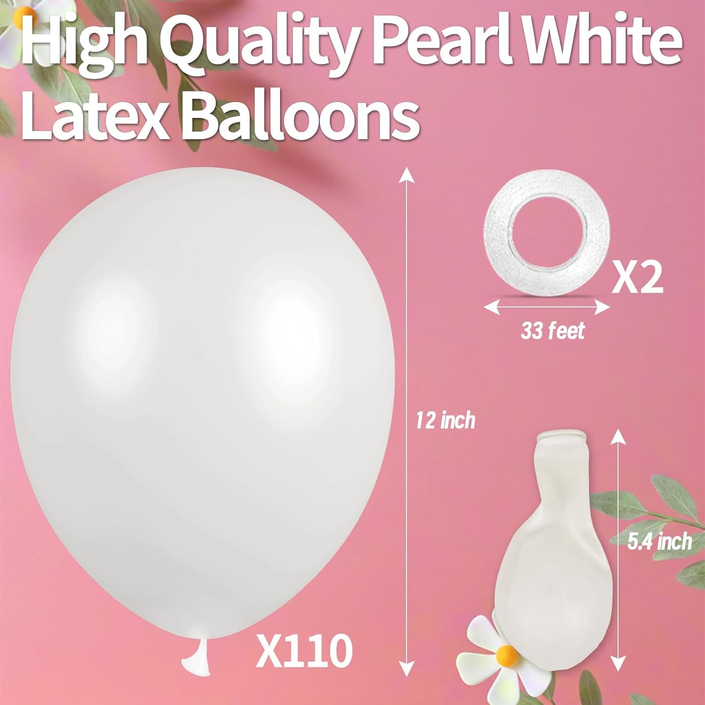 KAWKALSH Pearl White Balloon 110pcs, 12 Inch Thickened Latex Party Balloons Helium Bright Color for Birthday Baby Shower Wedding Party Supplies Arch Garland Decoration