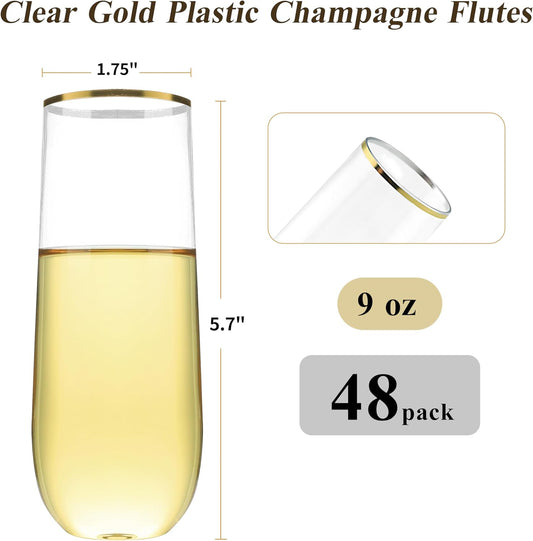 48 Pack 9 oz Stemless Plastic Champagne Flutes, Clear Disposable Champagne Glasses Gold Rim, Shatterproof and BPA-Free Drinkware for Party & Graduation & Wedding