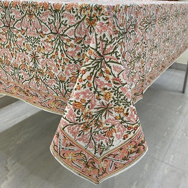 Ridhi Hand Block Print Sassy Salmon Emerald Green Rectangle Cotton Tablecloth 190" x 72" Reusable Table Cover Decorative Everyday Use for Dining, Farmhouse, Home Gift for Spring, Easter, Valentine