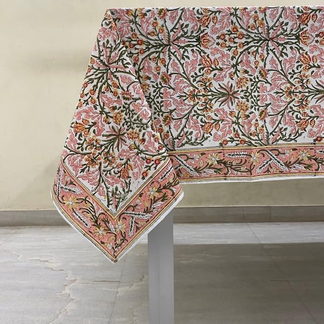 Ridhi Hand Block Print Sassy Salmon Emerald Green Rectangle Cotton Tablecloth 108" x 70" Reusable Table Cover Decorative Everyday Use for Dining, Farmhouse, Home Gift for Spring, Easter, Valentine
