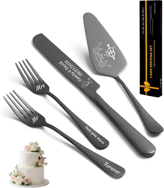 HJX Personalized Wedding Cake Knife and Server Set, Custom Names Cake Cutting Set, Customized Knife and Cake Server Set Gift for Bridal Anniversary Birthday Wedding Registry (Black)