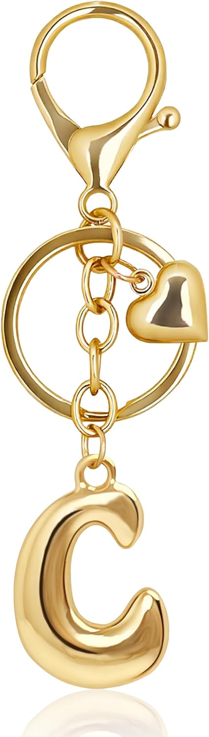 Gold Bubble Heart Initial Bag Charms for Handbags – Cute Initial Letter Keychain for Women, Purse Charms, Gold Gift