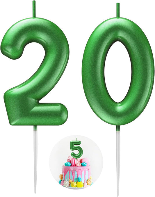 Green Number 20 Candle Happy Birthday 3D Number Candles for Birthday Cake Party Decoration Wedding Anniversary Celebration Supplies