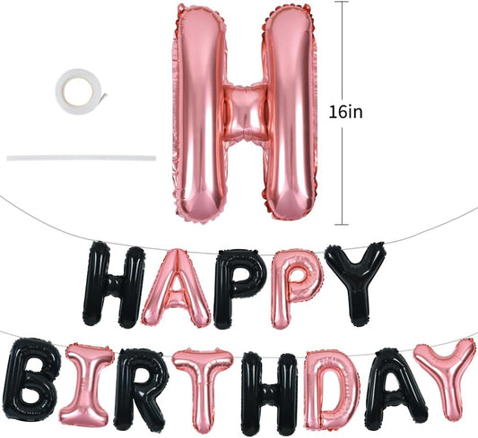 TONIFUL Black Rose Gold Happy Birthday Balloons Banner 16 Inch Mylar Foil Letters Birthday Sign Banner Bunting Reusable for Girls Boys Kids & Adults Birthday Decorations and Halloween Party Supplies