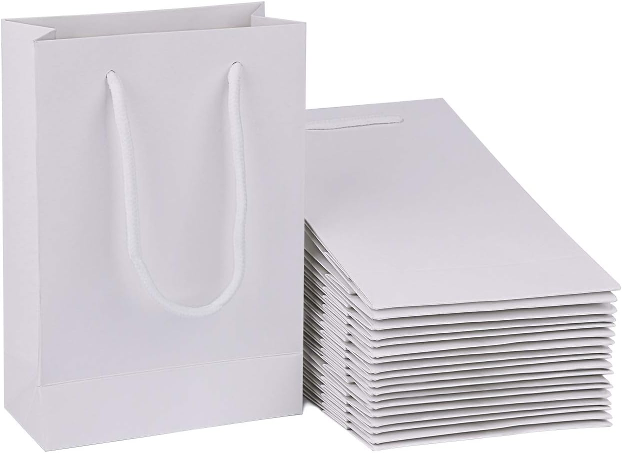 Driew Kraft Paper Bags, Small Gift Bags 5x2x7.5 inches with Cotton Handle Pack of 50 (White)
