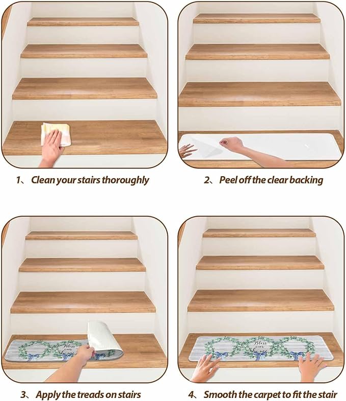 Spring Stair Treads Non Slip for Wooden Steps Eucalyptus Leaves Garland Bless Our Home Wood Grain Stair Runner Carpet Reusable Adhesive Staircase Rugs for Dogs, Elders and Pets, 8x30 Inch, 10PCS